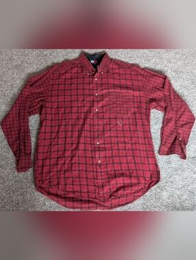 Vintage 90s Tommy Hilfiger Red Plaid Button Down Shirt Men's Size Medium Crest
